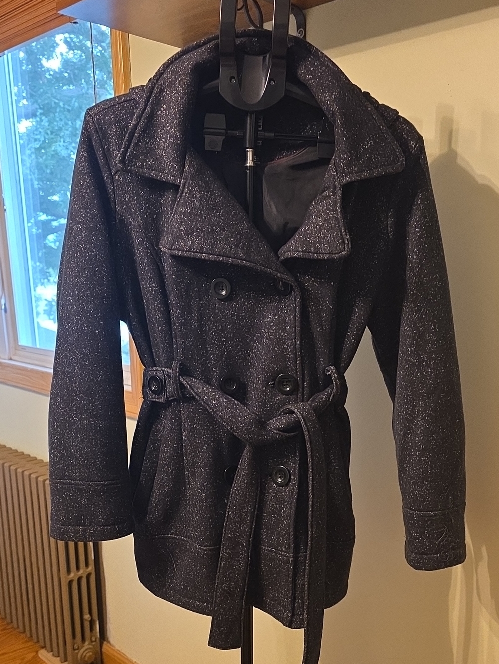Womens Black Double-Breasted Belted Peacoat with hood.